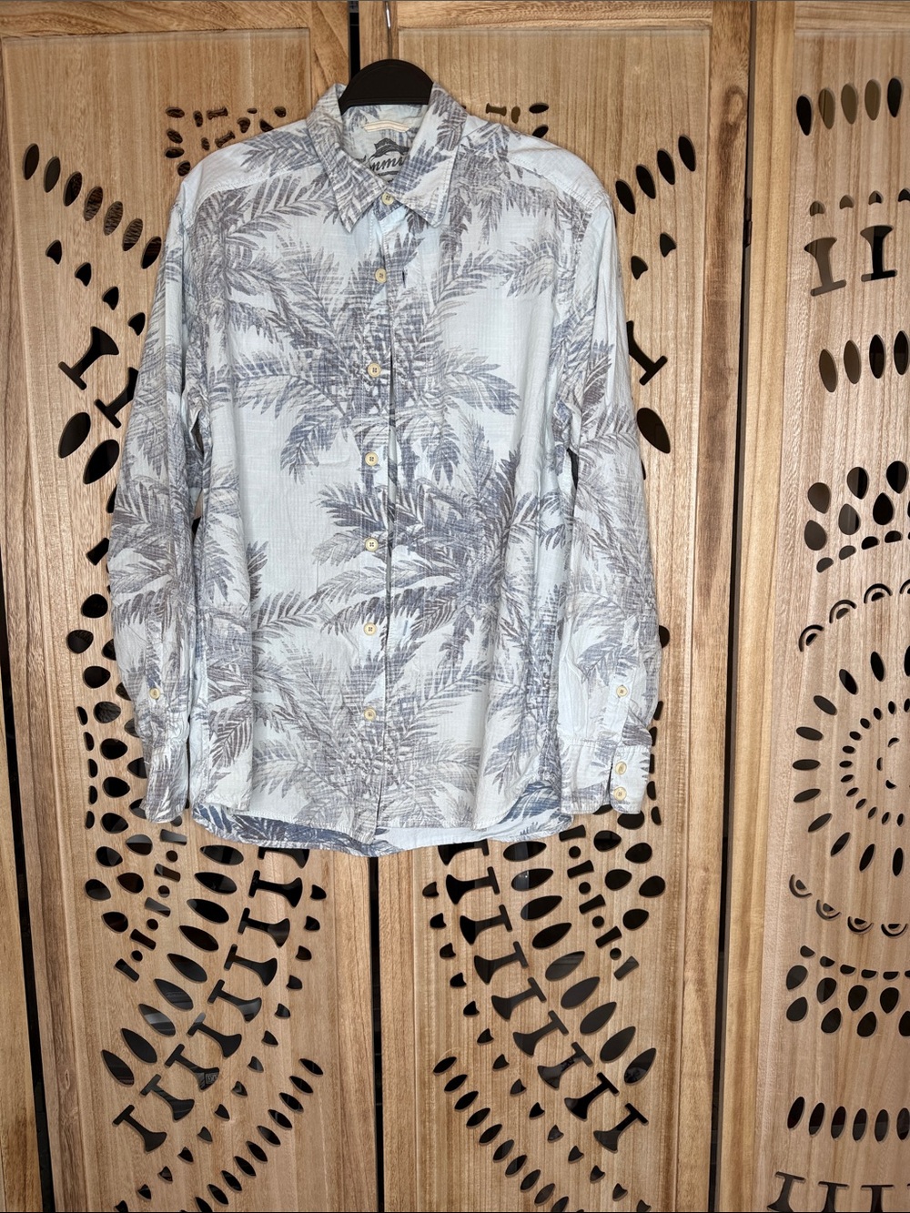 Tommy Bahama Light Blue and Gray Palm-Print Button-Down Shirt